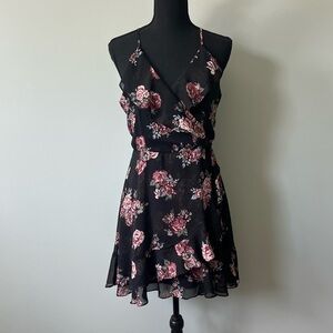 Black and Pink Floral Ruffle Racerback Wrap Dress